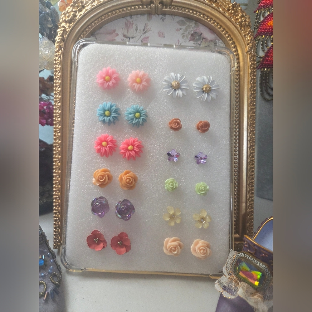 Floral Earrings Bundle Lot Set of 12 Pairs - Multicolor - Studded - Pierced